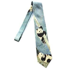 ENDANGERED SPECIES Panda Print Mens Tie Blue and Green Silk